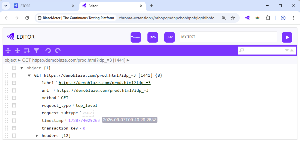 Chrome extension script editor with Taurus, JSON, JMX, and Run controls
