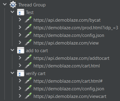 JMeter thread group showing labeled test steps