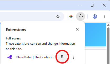 Chrome Extensions menu with the BlazeMeter extension pin control highlighted