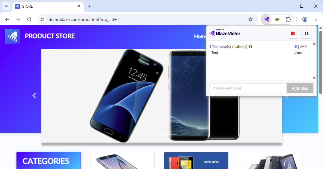 Chrome extension recording screen showing UI and JMX counts